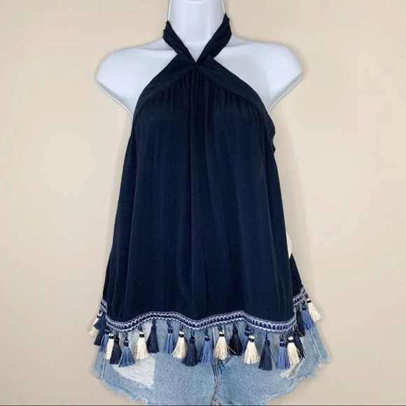 Tularosa Revolve Cory Halter Top Navy Blue Tassels Open Back Embroidered Size XS - Picture 6 of 16